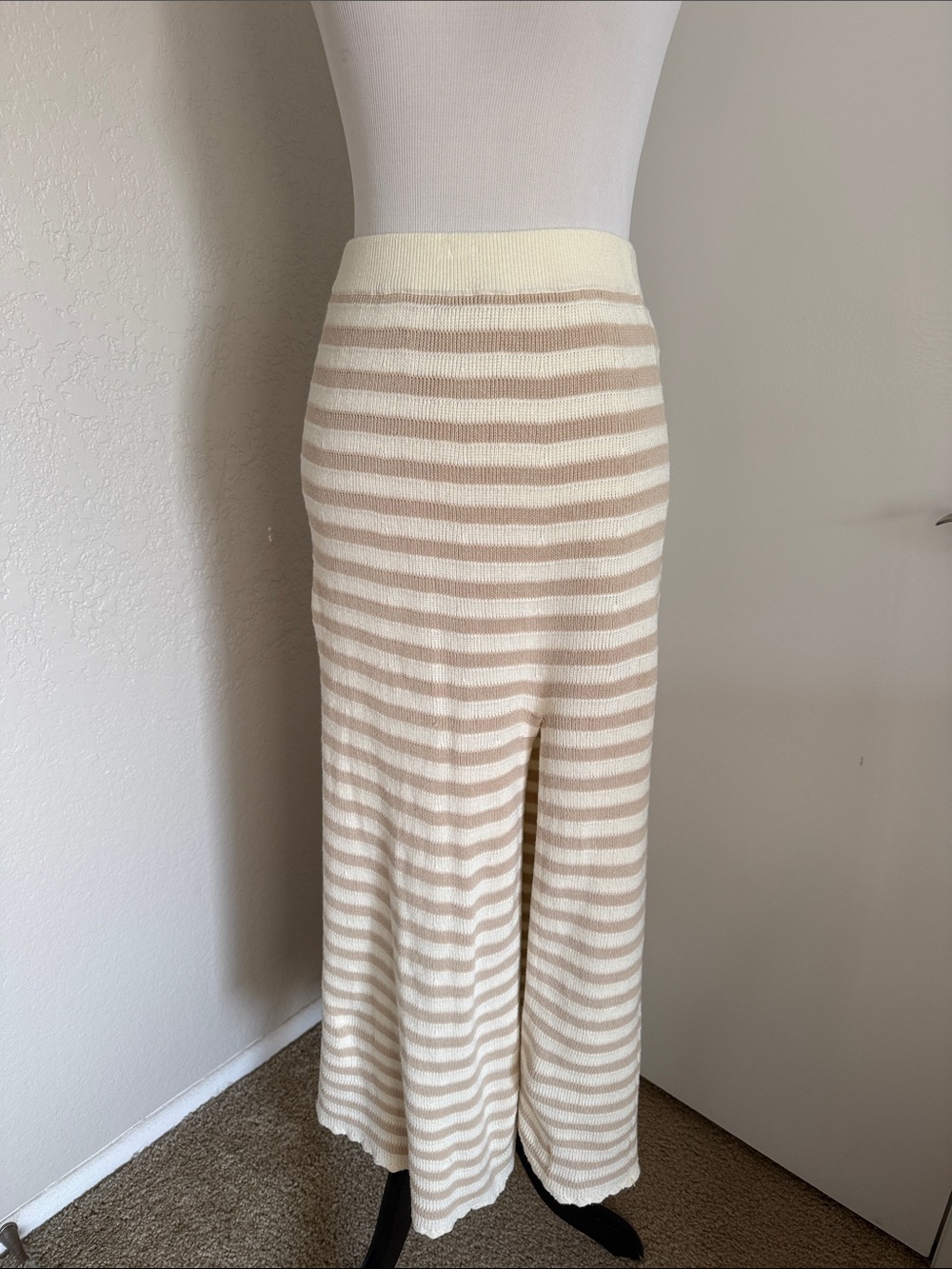 Rylee + Cru Cream and Beige Striped Midi Knit Skirt